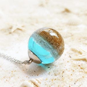 Ocean necklace, Beach sand necklace, Blue aqua crystal necklace, Real sand jewelry, Ocean gift for her, Sphere necklace, Ocean lover jewelry