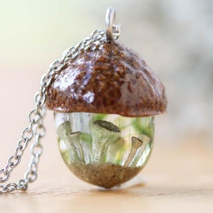 May include: A unique acorn pendant necklace. The pendant features a brown, acorn-shaped top and a clear, resin-filled bottom with miniature mushrooms and greenery. The necklace has a silver-colored chain.