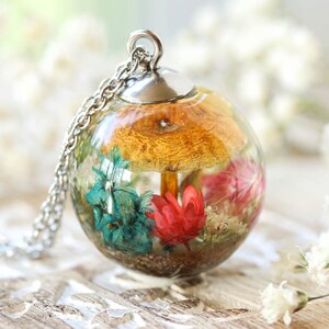 Garden mushroom necklace, Real flower necklace, Birthday gifts for her garden, Botanical necklace, Gift for teenager girl, Terrarium jewelry
