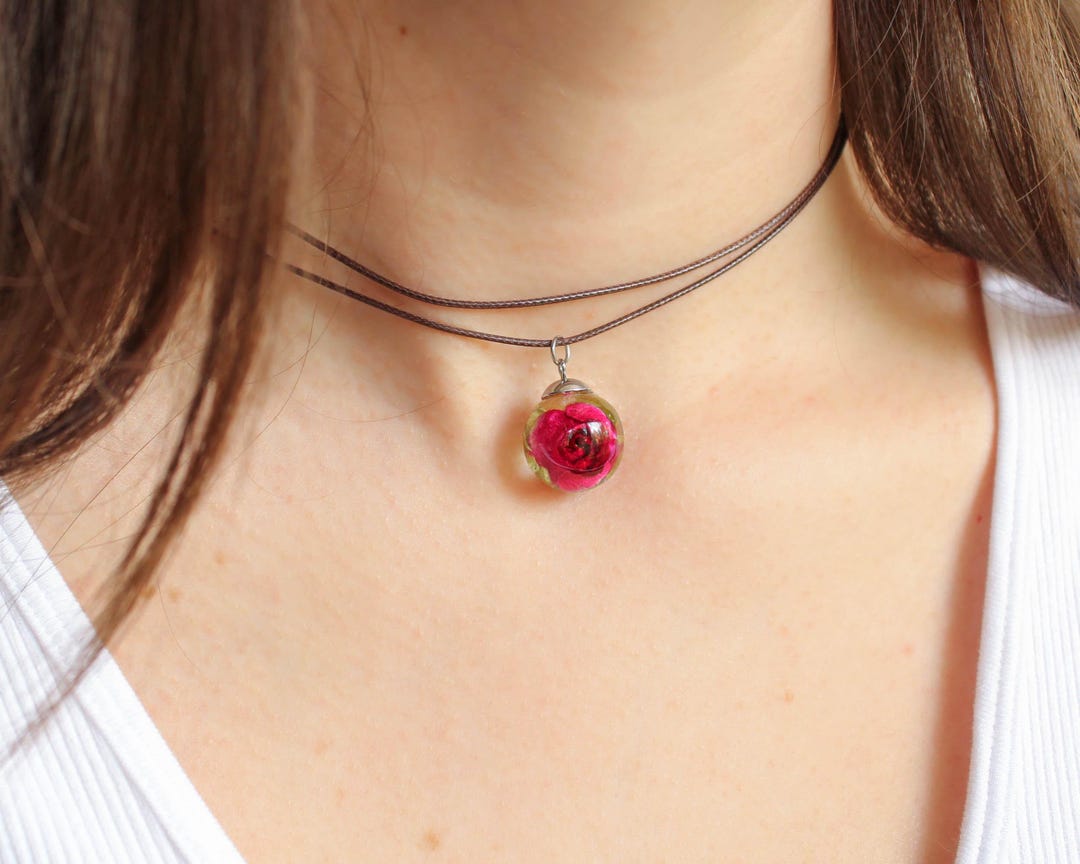Mini Rosesste Choker Tiny Red Rose Choker Necklace, Real Flower Pendant in Dainty Boho ...
