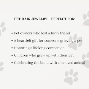 Pode incluir: Imagem com texto: PET HAIR JEWELRY. O texto &eacute; seguido por marcadores: Donos de animais de estima&ccedil;&atilde;o que perderam um amigo peludo, Um presente sincero para algu&eacute;m que est&aacute; de luto por um animal de estima&ccedil;&atilde;o, Honrando um companheiro de longa data, Crian&ccedil;as que cresceram com seu animal de estima&ccedil;&atilde;o.