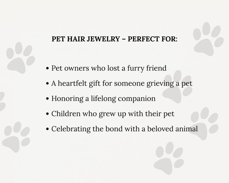 Pode incluir: Imagem com texto: PET HAIR JEWELRY. O texto &eacute; seguido por marcadores: Donos de animais de estima&ccedil;&atilde;o que perderam um amigo peludo, Um presente sincero para algu&eacute;m que est&aacute; de luto por um animal de estima&ccedil;&atilde;o, Honrando um companheiro de longa data, Crian&ccedil;as que cresceram com seu animal de estima&ccedil;&atilde;o.
