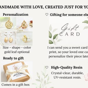 May include: Image featuring handmade jewellery with the text "HANDMADE WITH LOVE, CREATED JUST FOR YOU." Includes examples of personalised jewellery, gift card options, and a gift box. The jewellery is made with high-quality resin.