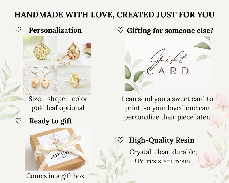 May include: Image featuring handmade jewellery with the text "HANDMADE WITH LOVE, CREATED JUST FOR YOU." Includes examples of personalised jewellery, gift card options, and a gift box. The jewellery is made with high-quality resin.