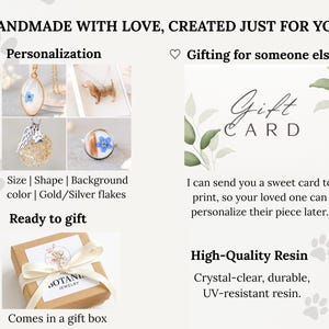 Puede incluir: Imagen de joyer&iacute;a hecha a mano con opciones de personalizaci&oacute;n, incluyendo tama&ntilde;o, forma y color de fondo con copos dorados o plateados. El texto dice "HANDMADE WITH LOVE, CREATED JUST FOR YOU". Caja de regalo incluida.
