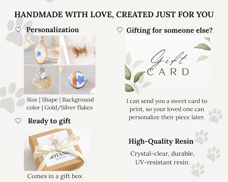 Puede incluir: Imagen de joyer&iacute;a hecha a mano con opciones de personalizaci&oacute;n, incluyendo tama&ntilde;o, forma y color de fondo con copos dorados o plateados. El texto dice "HANDMADE WITH LOVE, CREATED JUST FOR YOU". Caja de regalo incluida.