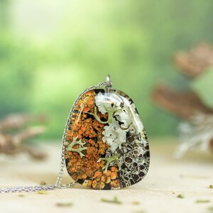 Botanical resin necklace featuring real orange and white lichens preserved in a rounded triangle-shaped pendant. The pendant hangs on a silver chain and is displayed against a soft forest-inspired background