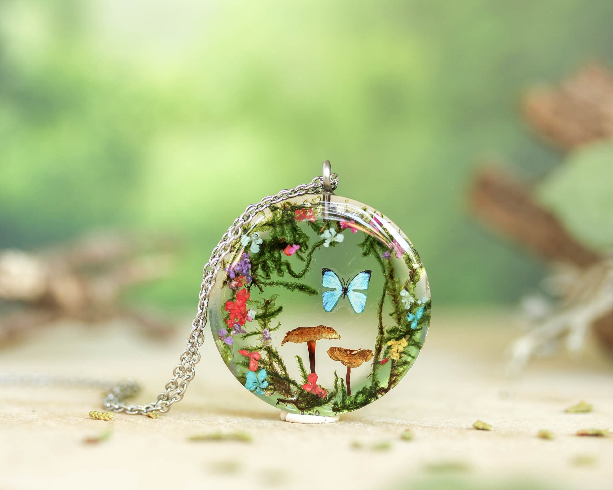 Magic mushroom necklace, Pressed flower necklace, Moss necklace, Mini terrarium resin necklace, Unique birthday gift for her, Blue butterfly