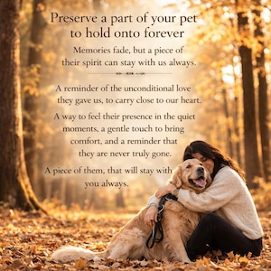 Pode incluir: Imagem com texto: "Preserve uma parte do seu animal de estima&ccedil;&atilde;o para sempre." Uma pessoa abra&ccedil;a um c&atilde;o golden retriever num cen&aacute;rio florestal. O texto fala de mem&oacute;rias e do esp&iacute;rito duradouro de um animal.