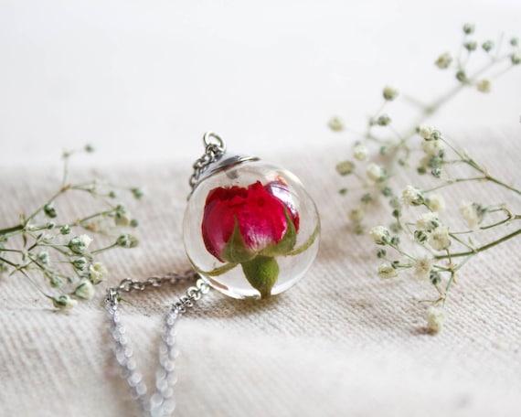 Red Rose Necklace, Real Rose Flower Jewelry, Red Flower Necklace