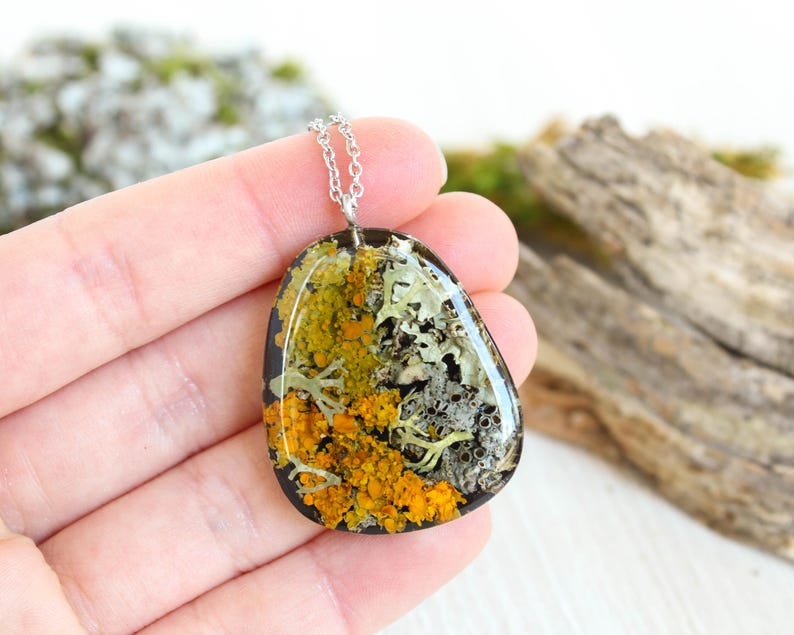 Close-up of a hand holding a nature-inspired botanical resin pendant with embedded real lichens in vibrant orange and pale gray hues. The pendant has a soft rounded triangle shape and a silver chain