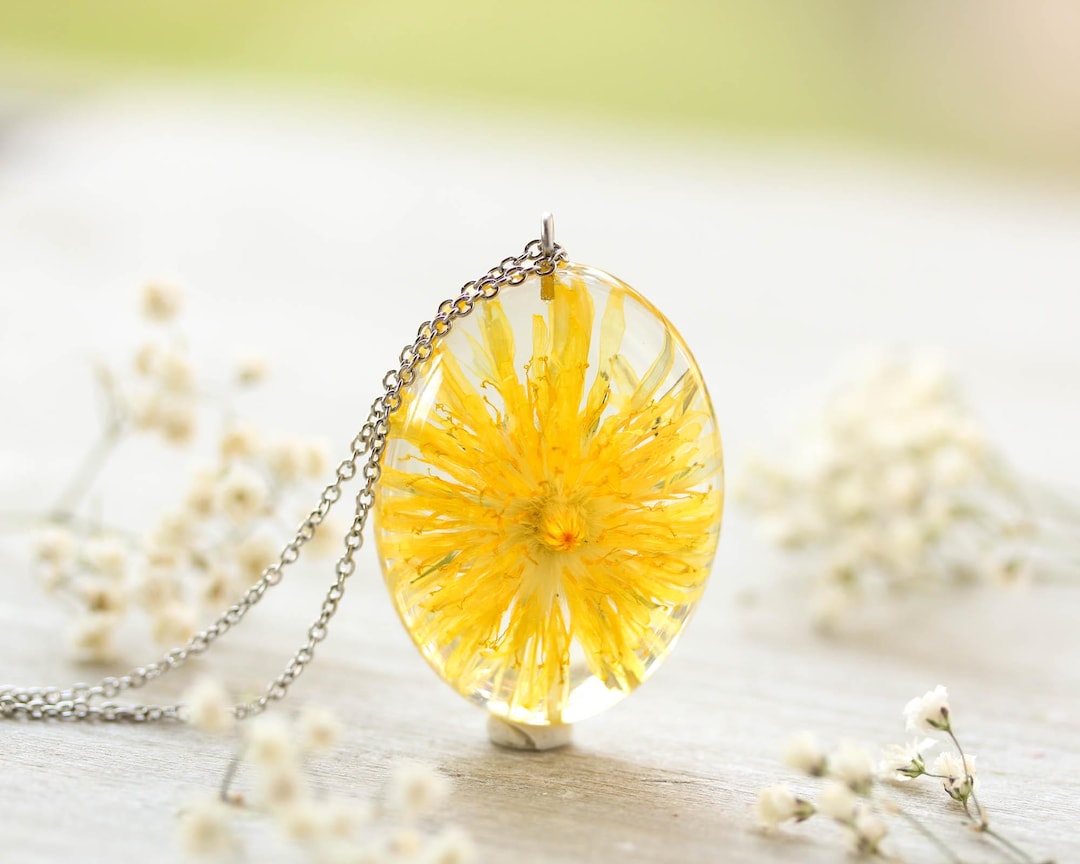Dandelion Necklace Yellow, Dried Flower Necklace, Dandelion Flower