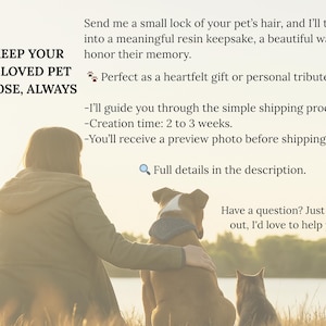 Pode incluir: Imagem de uma pessoa com um c&atilde;o e um gato, com o texto "KEEP YOUR BELOVED PET CLOSE, ALWAYS." O texto promove lembran&ccedil;as de resina feitas com pelos de animais de estima&ccedil;&atilde;o, um presente atencioso.