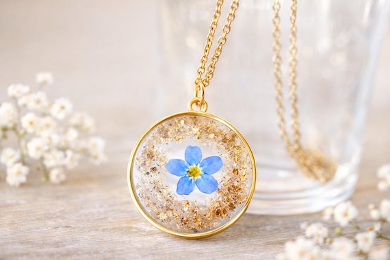 Pet Ashes Necklace, Forget Me Not Flower, Gold Flakes, Cremation Jewelry