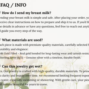 Może przedstawiać: Strona FAQ/INFO z tekstem o wysyłaniu mleka matki, użytych materiałach (złoto 14k, srebro pr&oacute;by 925) i instrukcjami pielęgnacji biżuterii. Tło przedstawia rozmyte kwiaty.
