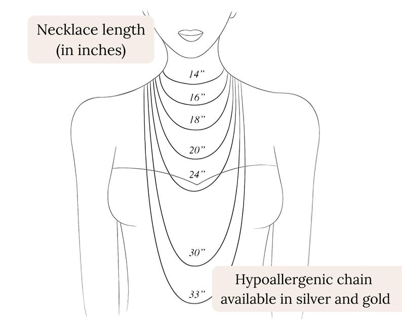 Puede incluir: Diagrama que ilustra las longitudes de los collares, que van desde 35,5 cm hasta 83,8 cm, mostradas en la silueta de una persona. La imagen incluye texto que indica opciones de cadena hipoalerg&eacute;nica en plata y oro.