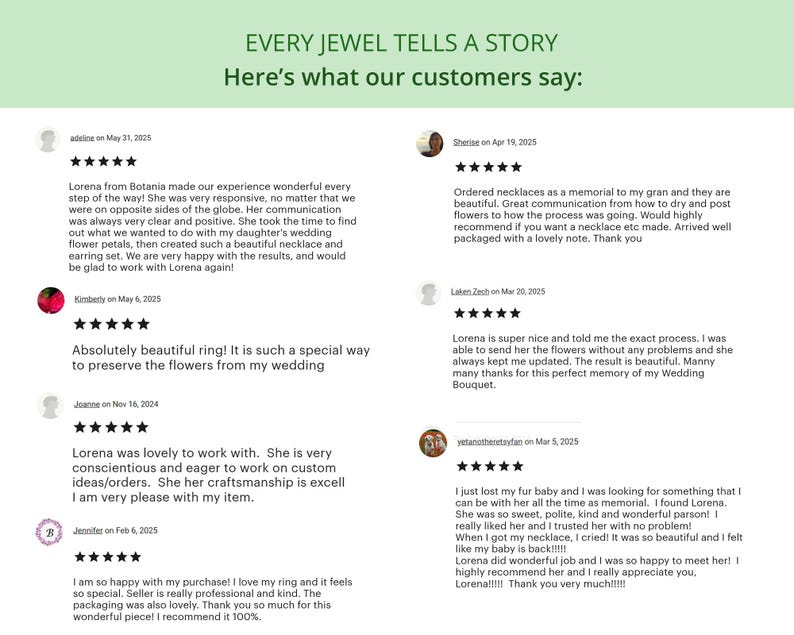Puede incluir: Imagen con testimonios de clientes sobre joyer&iacute;a. El texto dice "EVERY JEWEL TELLS A STORY" y "Here's what our customers say:" con varias rese&ntilde;as. Las rese&ntilde;as elogian la capacidad de respuesta y la artesan&iacute;a del vendedor, as&iacute; como la belleza de la joyer&iacute;a.
