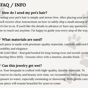 Pode incluir: Texto de perguntas frequentes/INFO em fundo creme com detalhes de pegadas. Informa&ccedil;&otilde;es sobre como enviar pelos de animais de estima&ccedil;&atilde;o, materiais utilizados (ouro 14k, prata esterlina) e instru&ccedil;&otilde;es de cuidados com joias.