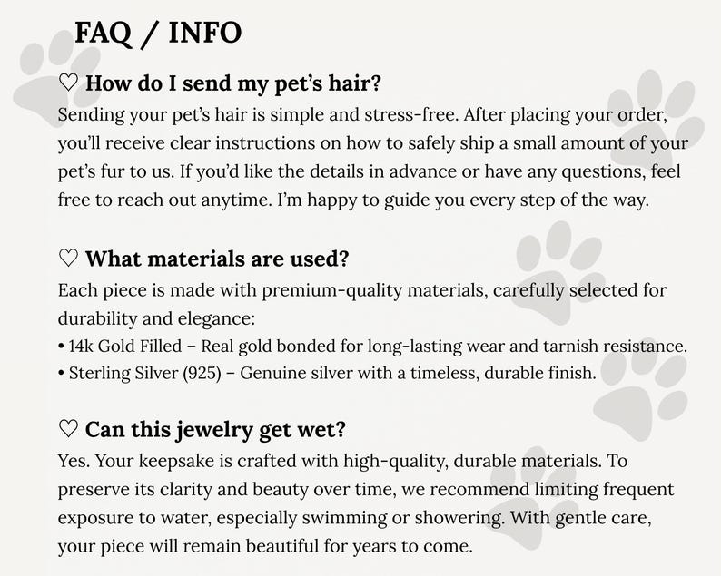 Pode incluir: Texto de perguntas frequentes/INFO em fundo creme com detalhes de pegadas. Informa&ccedil;&otilde;es sobre como enviar pelos de animais de estima&ccedil;&atilde;o, materiais utilizados (ouro 14k, prata esterlina) e instru&ccedil;&otilde;es de cuidados com joias.