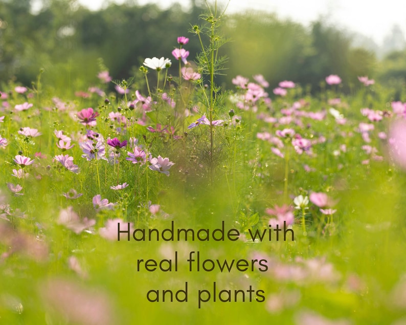 May include: A field of pink and white wildflowers with the text "Handmade with real flowers and plants" in the foreground.