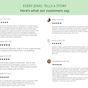 Może przedstawiać: Obraz zawiera tekst: "EVERY JEWEL TELLS A STORY. Here's what our customers say:" a następnie recenzje klient&oacute;w. Recenzje zawierają imiona klient&oacute;w, daty i oceny gwiazdkowe. Recenzje opisują doświadczenia klient&oacute;w z produktem.