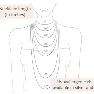 Pode incluir: Diagrama que ilustra os comprimentos dos colares, variando de 35.5 cm a 83.8 cm, exibidos em uma silhueta. O texto indica os comprimentos em polegadas. A imagem tamb&eacute;m menciona correntes hipoalerg&ecirc;nicas dispon&iacute;veis em prata e ouro.