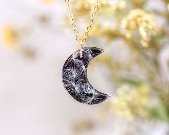 Dandelion Seeds Moon Necklace, Make a Wish Necklace, Pressed
