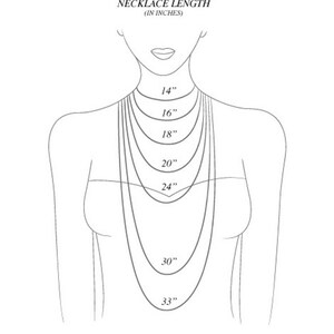 May include: A line drawing of a person's neck and shoulders with different necklace lengths marked in inches. The lengths are 14 inches, 16 inches, 18 inches, 20 inches, 24 inches, 30 inches, and 33 inches.