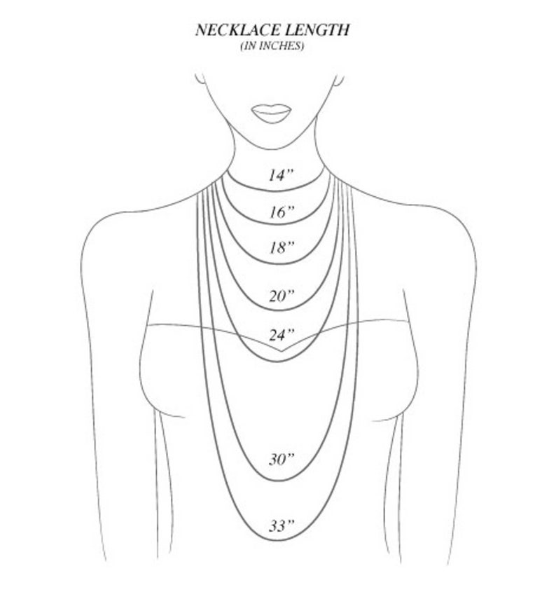 May include: A line drawing of a person's neck and shoulders with different necklace lengths marked in inches. The lengths are 14 inches, 16 inches, 18 inches, 20 inches, 24 inches, 30 inches, and 33 inches.