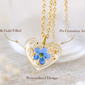 Collar para cenizas de mascota, flor de nomeolvides, copos de oro, joyería de cremación imagen 8