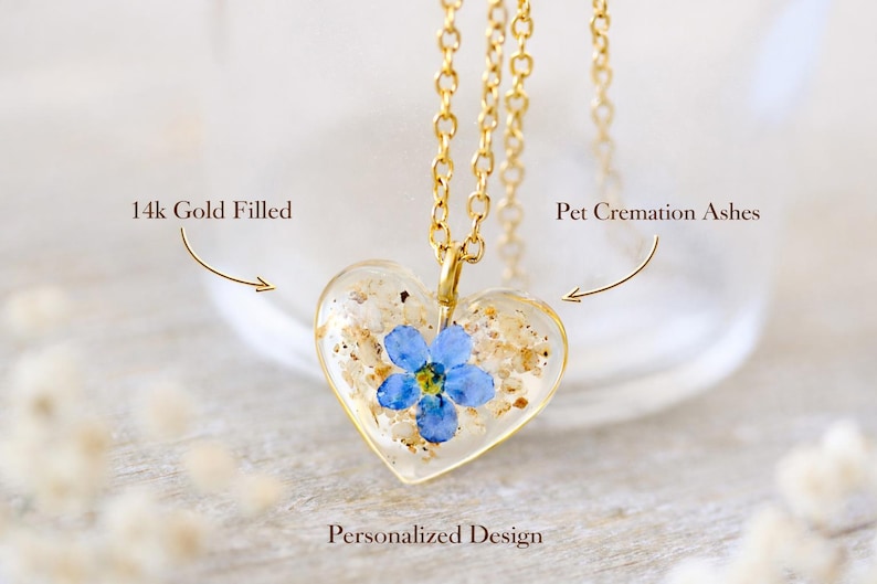 Collar para cenizas de mascota, flor de nomeolvides, copos de oro, joyería de cremación imagen 8