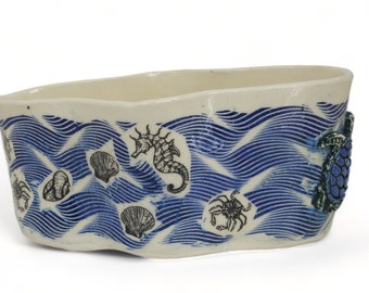 Oval Bowl - Creatures of the Sea Bowl - Blue Waves Bowl - Ceramic Handmade Bowl