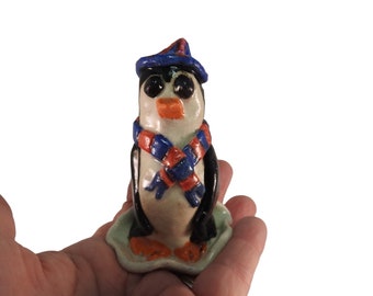 Penguin Sculpture - Hand Sculpture Penguin - Penguin Wearing Scarf & Hat - Cartoon Penquin