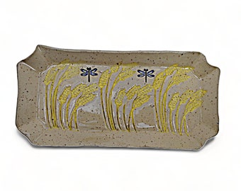 Ceramic Tray - Speckled Beige Tray - Decorated with Wheat Blowing In the Wind - 9 inch x 4 inch Tray