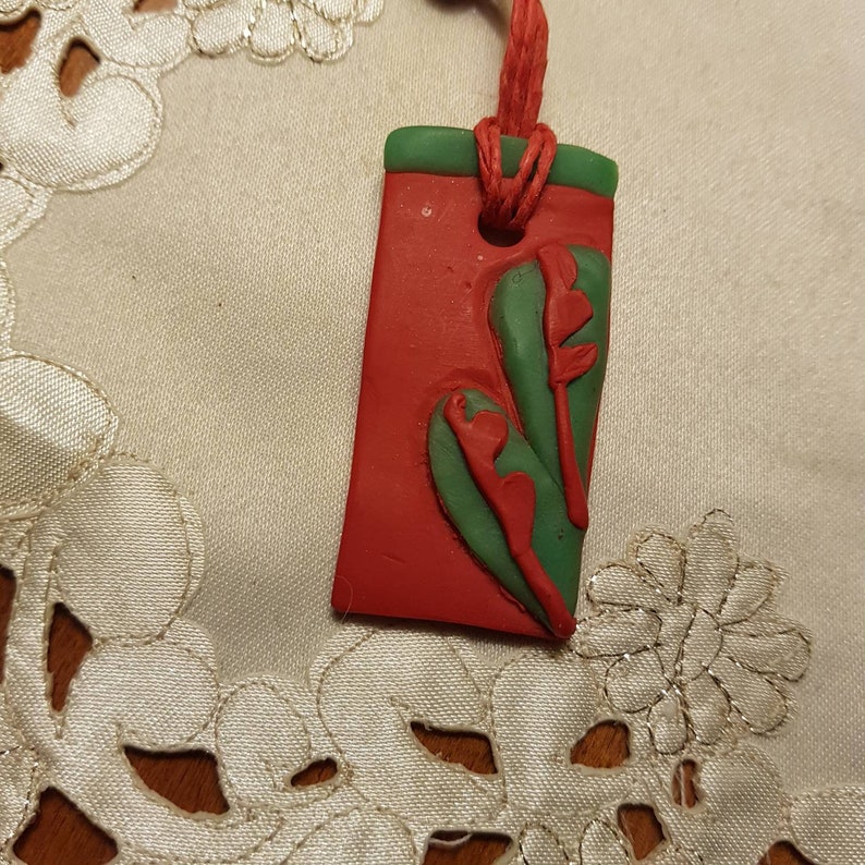Geometric Necklace Red And Green Rectangle Pendant Girls Necklace Gift For Her Polymer Clay /& Wooden Bead Necklace Handmade Jewellery