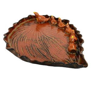 Leaf Shaped Ceramic Serving Tray - Mom & Baby Birds Around the Edge -  11" x 8" Aurburb Red Handmade Tray -
