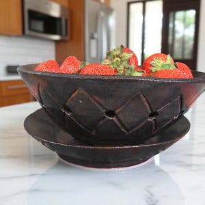 Handmade Ceramic Berry Bowl with Saucer: Cinnamon Red Colander