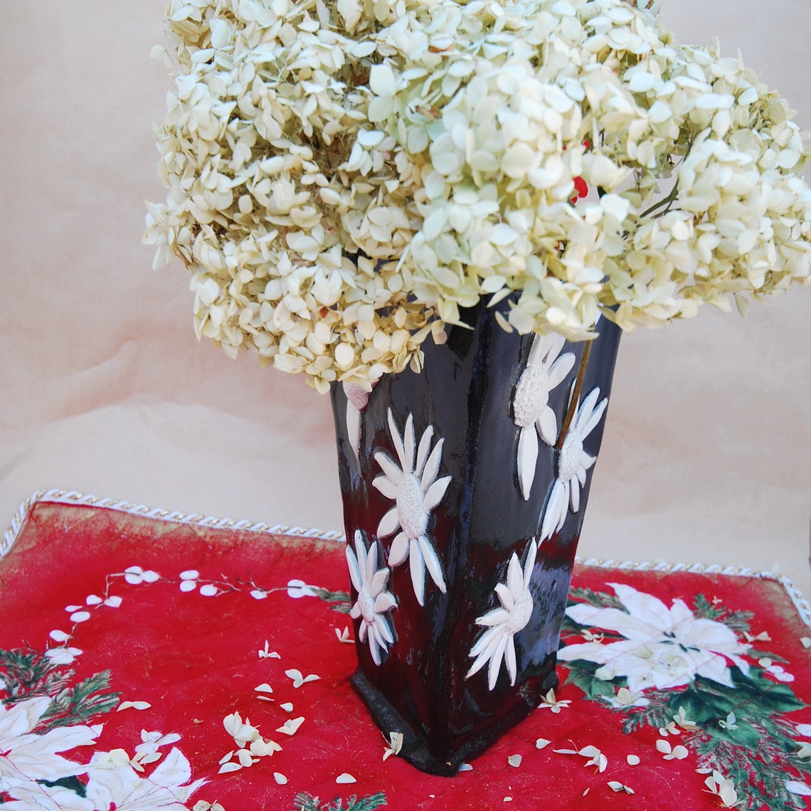 Flower Vase Black with White Flowers Pottery Hand Made Vase Etsy