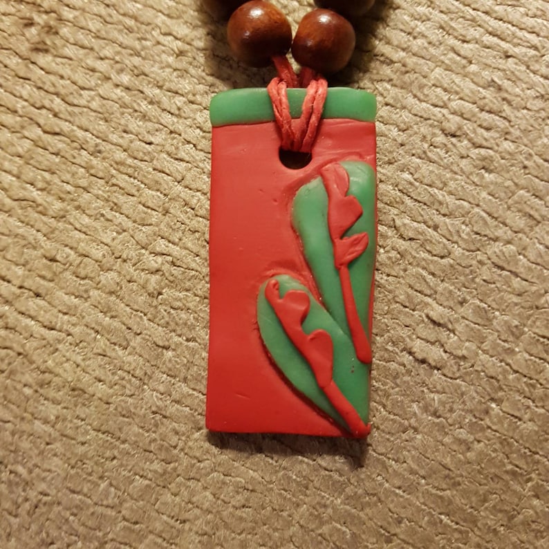 Geometric Necklace Red And Green Rectangle Pendant Girls Necklace Gift For Her Polymer Clay /& Wooden Bead Necklace Handmade Jewellery