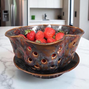 Handmade Ceramic Berry Bowl with Drip Saucer - Stoneware Colander