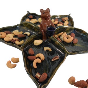 Ceramic Tray - Whimsical Nut Tray With A Bear Handle - Green Ceramic Leaf Tray - Snack Tray - Unique Tray