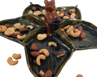 Ceramic Tray - Whimsical Nut Tray With A Bear Handle - Green Ceramic Leaf Tray - Snack Tray - Unique Tray