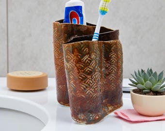 Toothbrush Holder, Rustic Brown Ceramic Pencil Holder, Kitchen Utensil Container