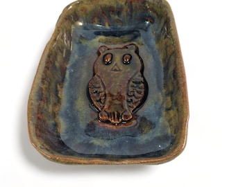 Soap Dish - Owl on Soap Dish - Ceramic Ring Dish -Rectangle Small Dish