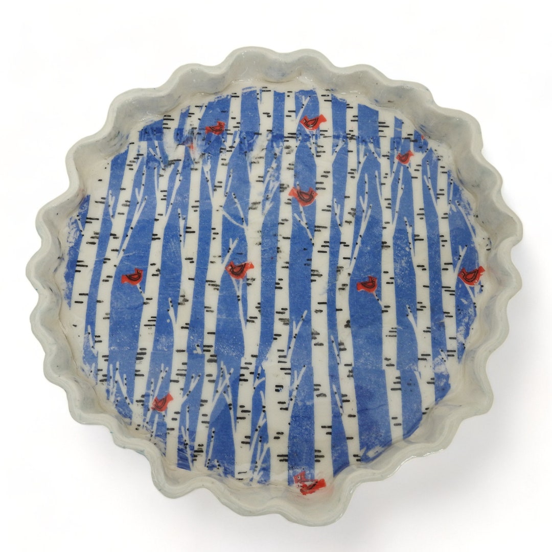 Birch Tree Ceramic Serving Tray: Cardinal Accent, Round Dish - Etsy