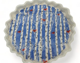 Ceramic Serving Tray - Blue Birch Trees on a Dining Tray - Round Tray - Shallow Dish