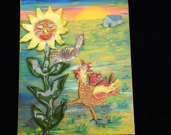 Wall Art - Funky Rooster Crowing At A Sunflower - Ceramic Rooster & Flower on Painted Canvas