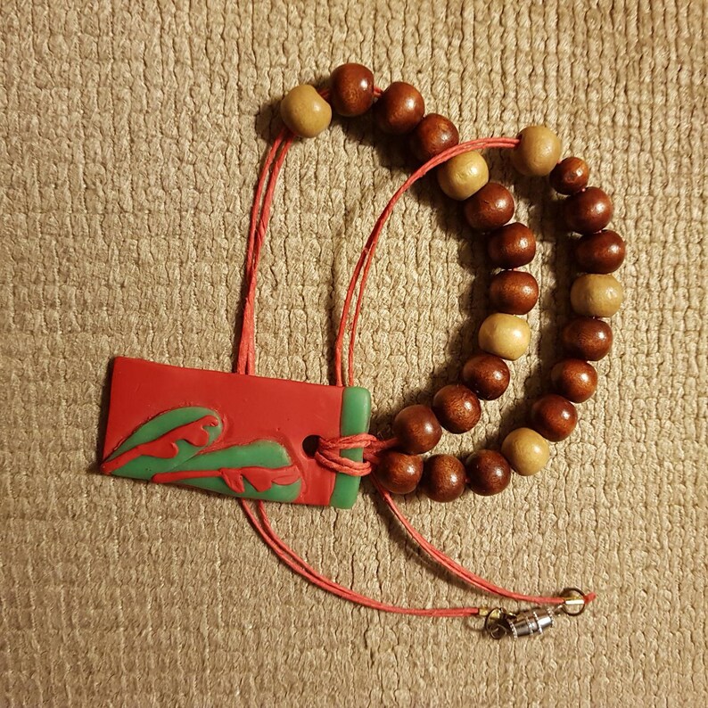 Geometric Necklace Red And Green Rectangle Pendant Girls Necklace Gift For Her Polymer Clay /& Wooden Bead Necklace Handmade Jewellery