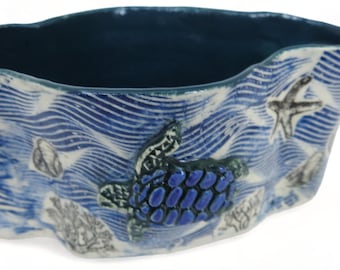 Bowl - Ocean Scene Bowl - Oval Bowl - Creatures of the Sea Bowl - Blue Waves Bowl - Ceramic Handmade Bowl