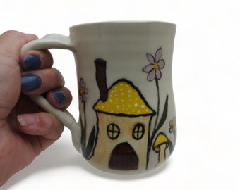 Mug - Ceramic Cup - 10 Ounce Mug - Hand Painted Mushroom Woodland Scene